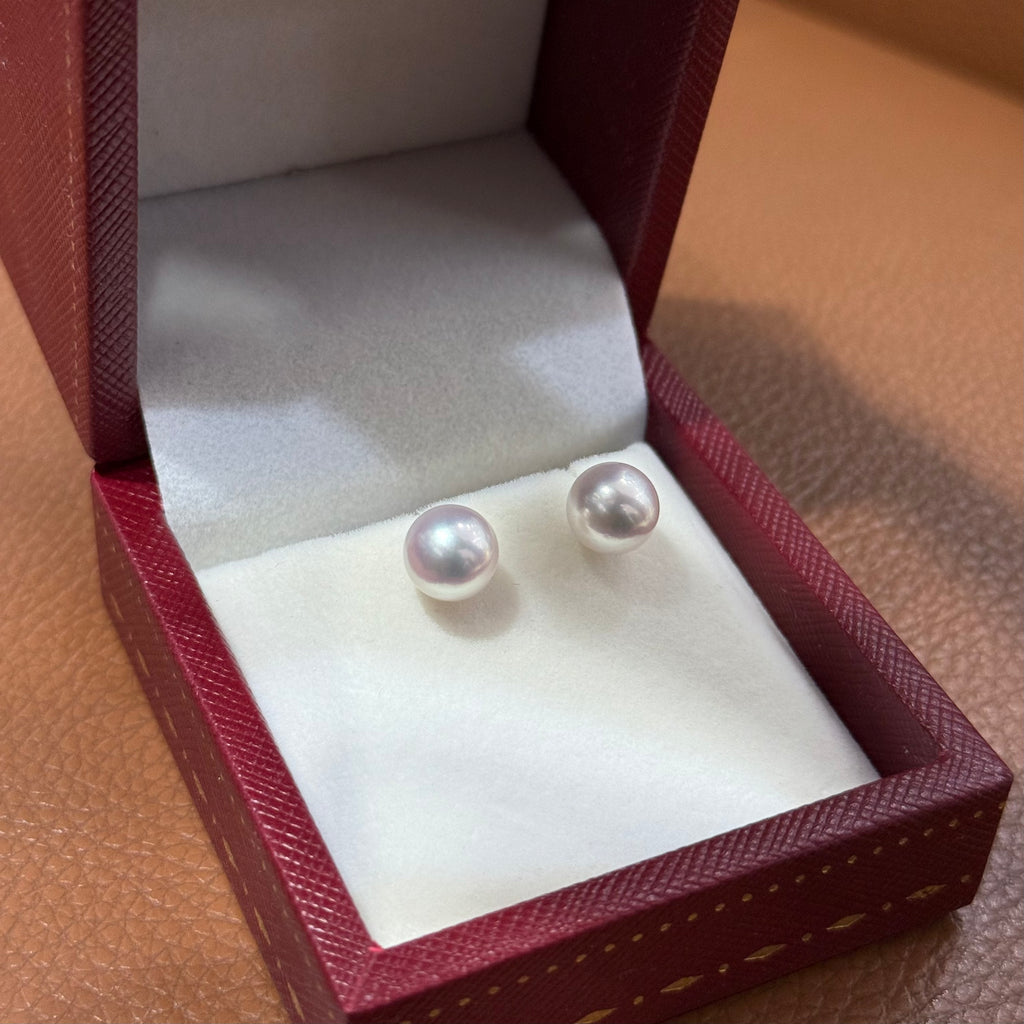 STARRY JEWELRY Sea water natural pearl Akoya round 8-8.5mm daily size 18k earrings extremely strong light