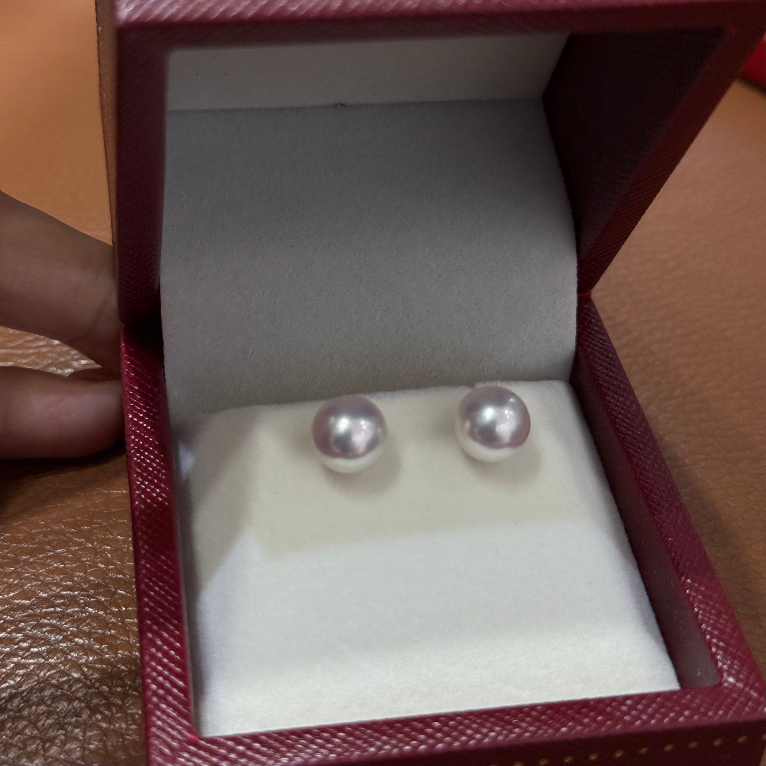 STARRY JEWELRY Sea water natural pearl Akoya round 8-8.5mm daily size 18k earrings extremely strong light