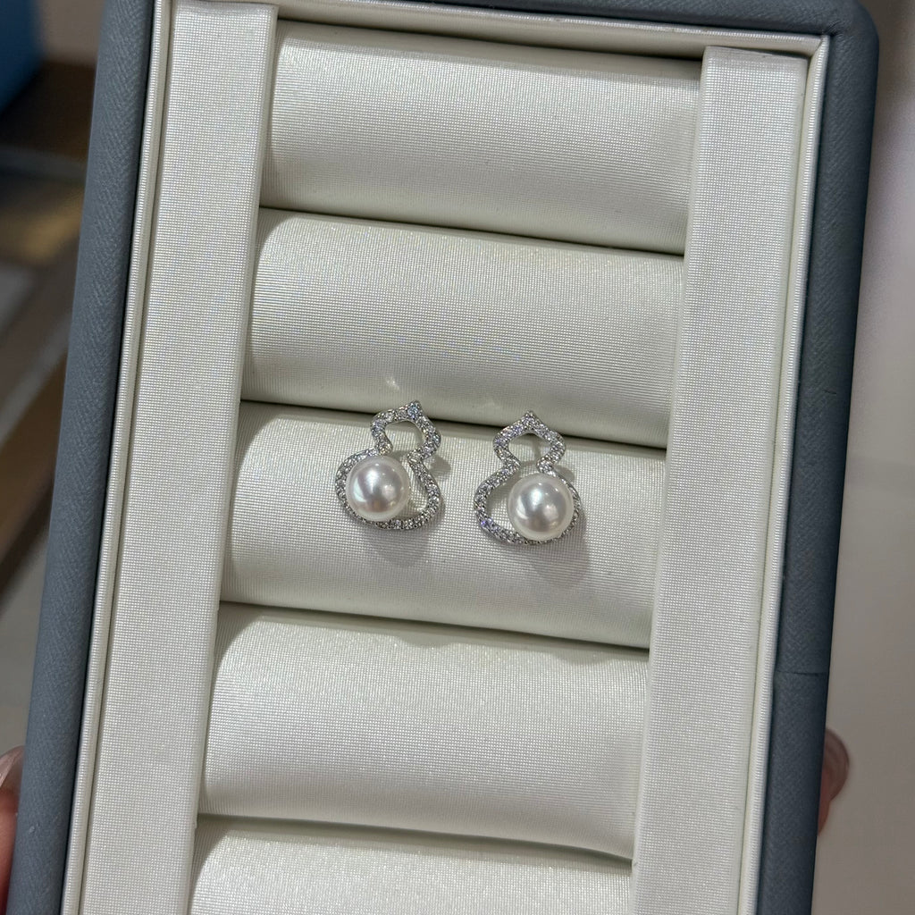 STARRY JEWELRY 【 Fu Lu Shuang Quan 】 Sea water natural pearl Akoya gourd sparkling diamond earrings 6.5-7mm basically flawless