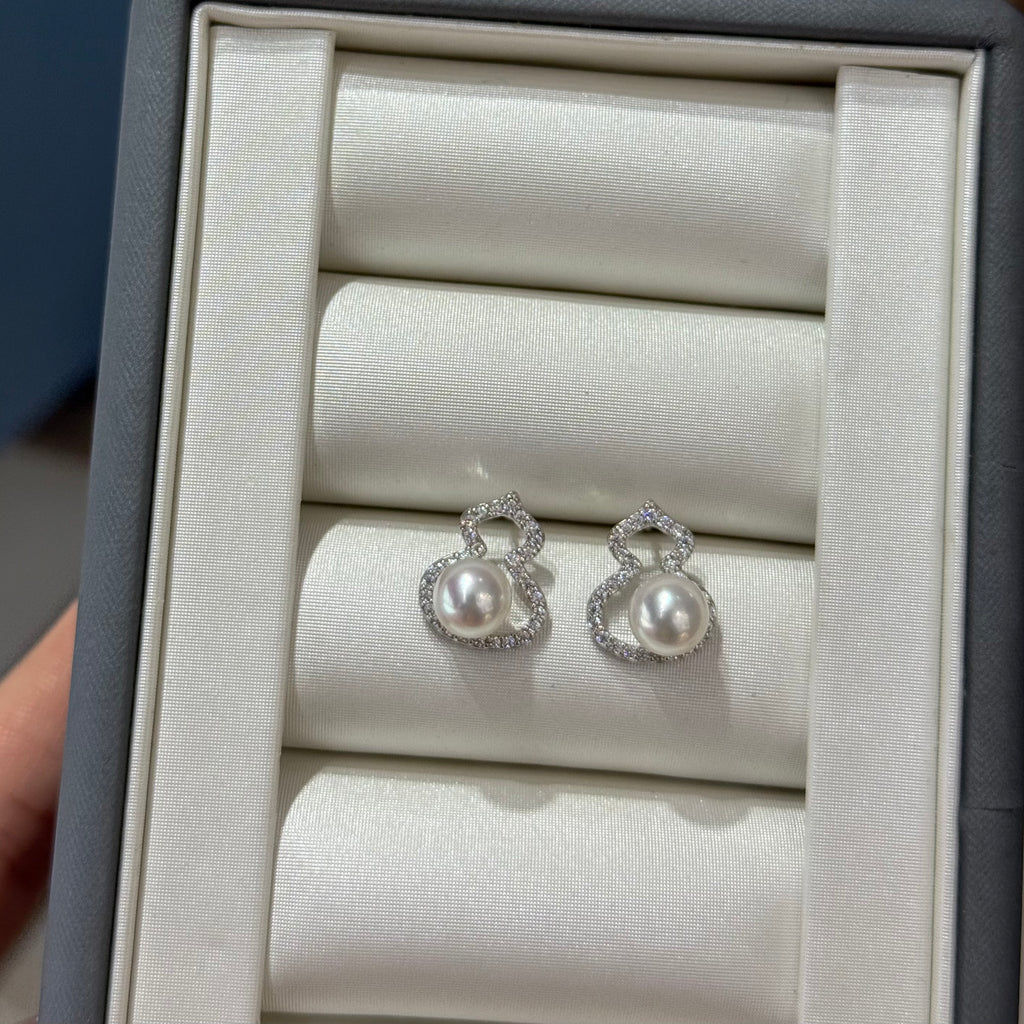 STARRY JEWELRY 【 Fu Lu Shuang Quan 】 Sea water natural pearl Akoya gourd sparkling diamond earrings 6.5-7mm basically flawless