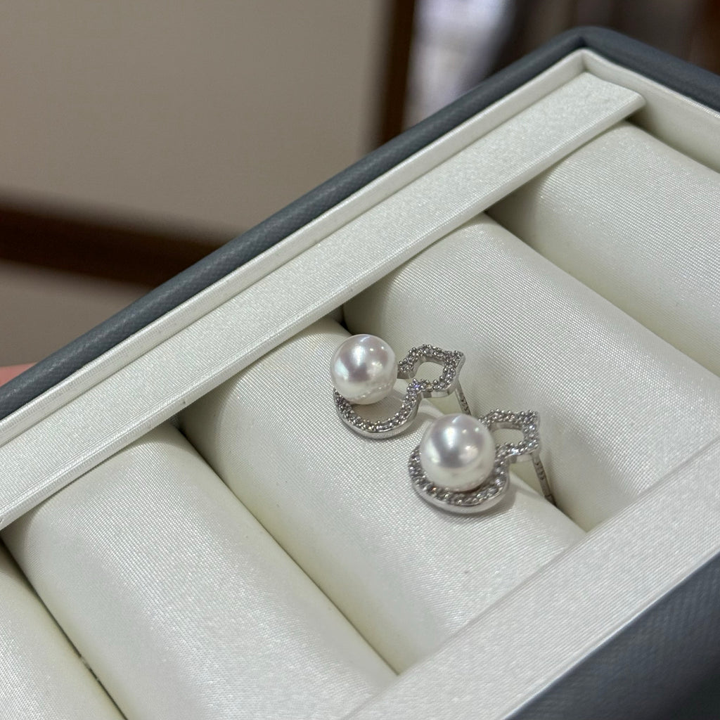 STARRY JEWELRY 【 Fu Lu Shuang Quan 】 Sea water natural pearl Akoya gourd sparkling diamond earrings 6.5-7mm basically flawless
