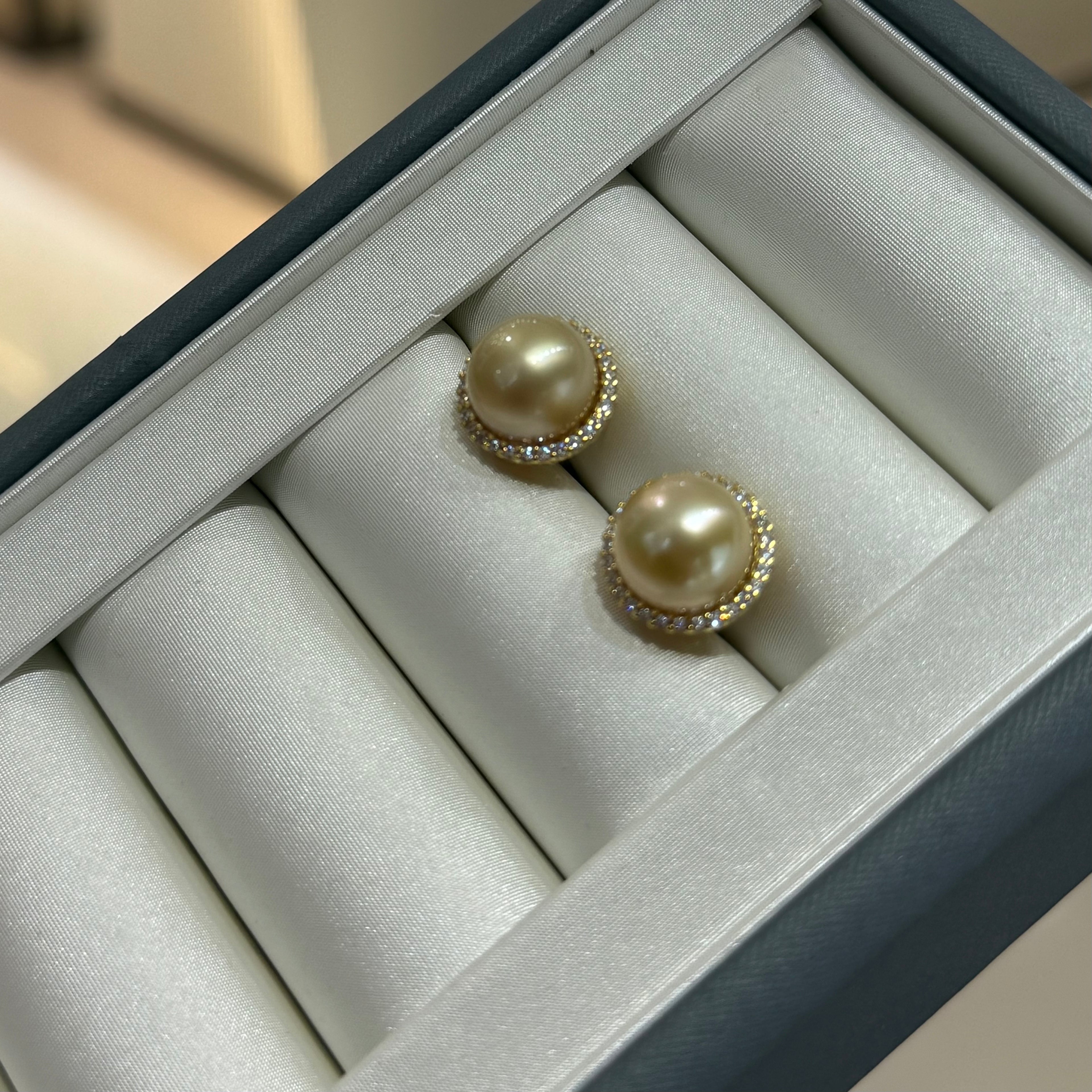 STARRY JEWELRY Sunrise Impressions: Sea Water Nanyang Golden Beads 12-13mm High Grade Pearl Earrings with Elegant Support