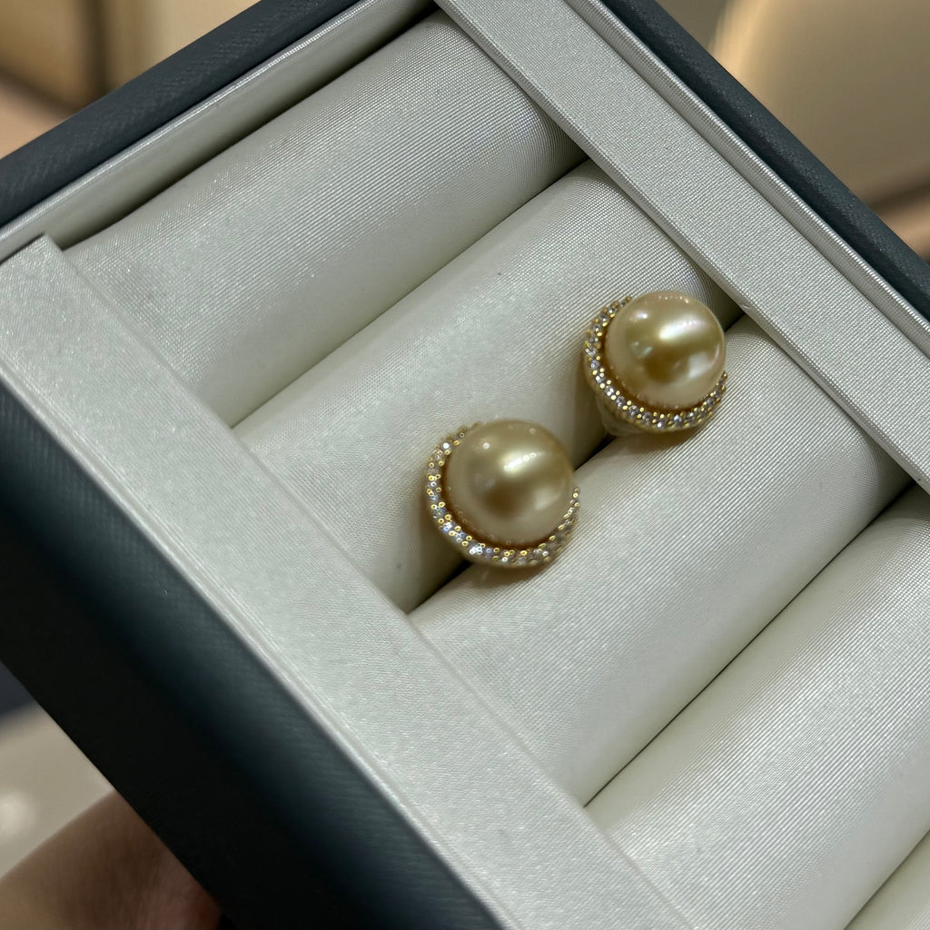 STARRY JEWELRY Sunrise Impressions: Sea Water Nanyang Golden Beads 12-13mm High Grade Pearl Earrings with Elegant Support