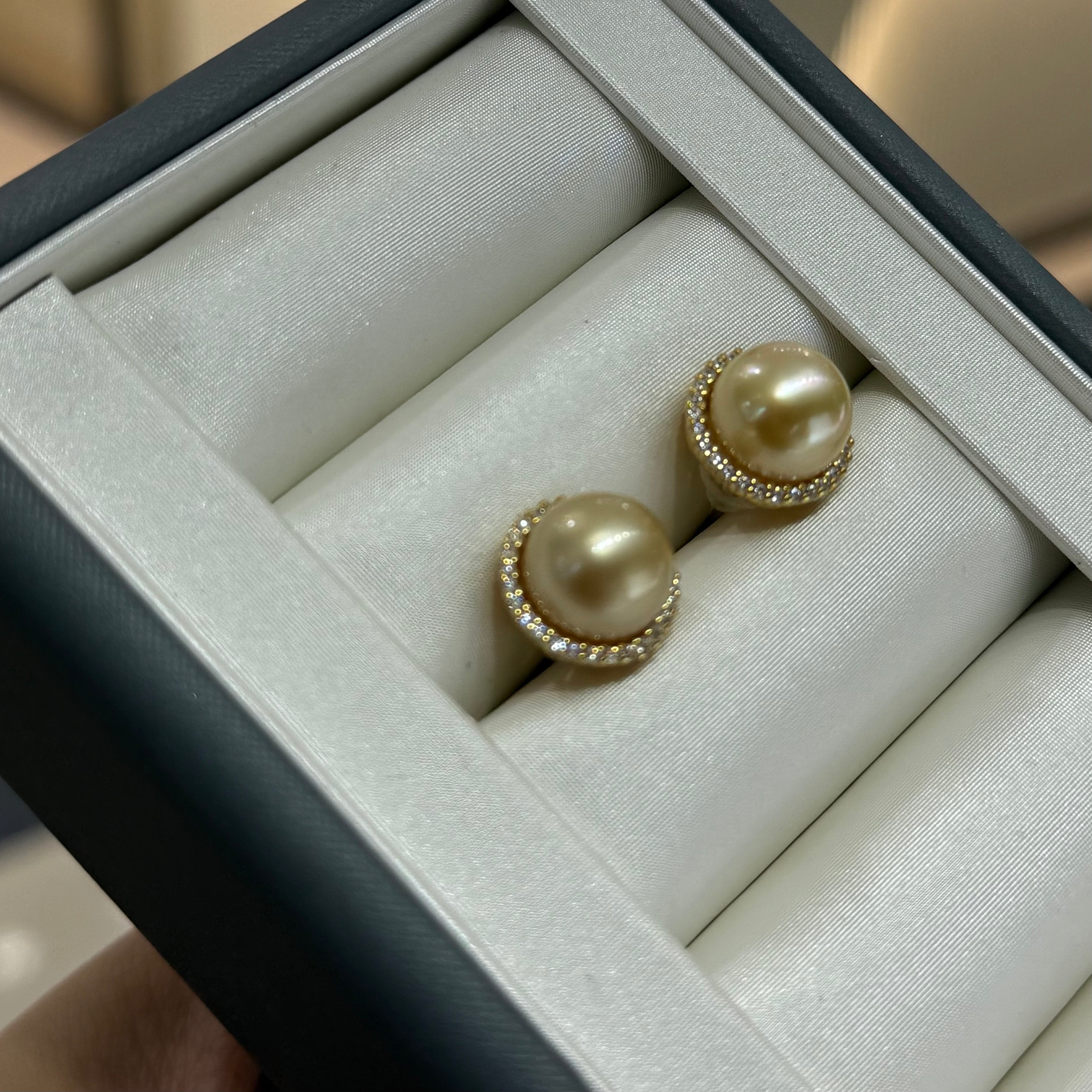 STARRY JEWELRY Sunrise Impressions: Sea Water Nanyang Golden Beads 12-13mm High Grade Pearl Earrings with Elegant Support