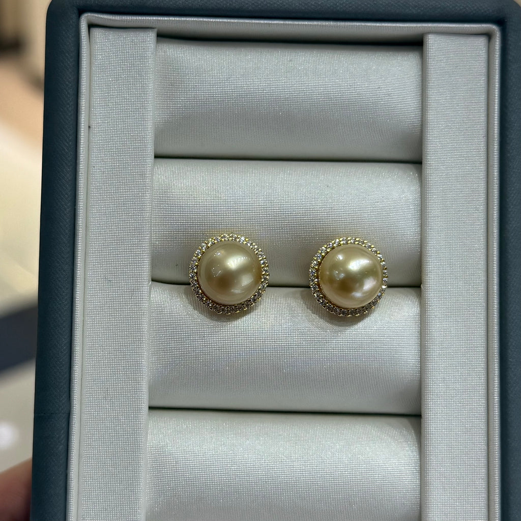 STARRY JEWELRY Sunrise Impressions: Sea Water Nanyang Golden Beads 12-13mm High Grade Pearl Earrings with Elegant Support