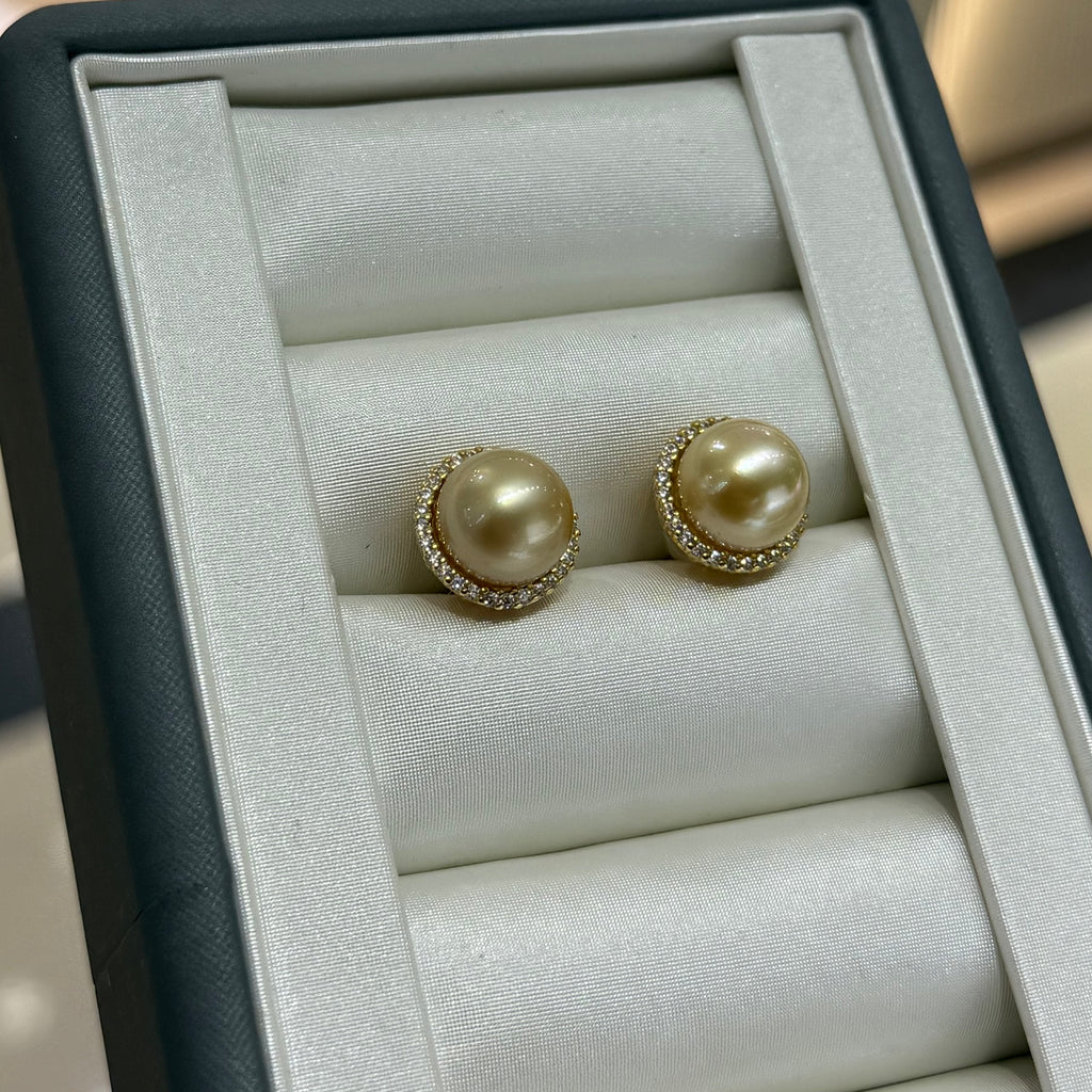 STARRY JEWELRY Sunrise Impressions: Sea Water Nanyang Golden Beads 12-13mm High Grade Pearl Earrings with Elegant Support