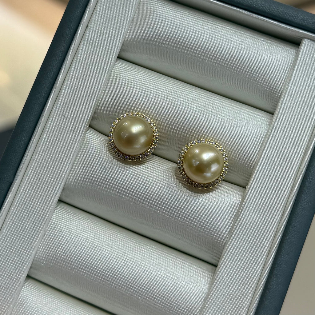 STARRY JEWELRY Sunrise Impressions: Sea Water Nanyang Golden Beads 12-13mm High Grade Pearl Earrings with Elegant Support
