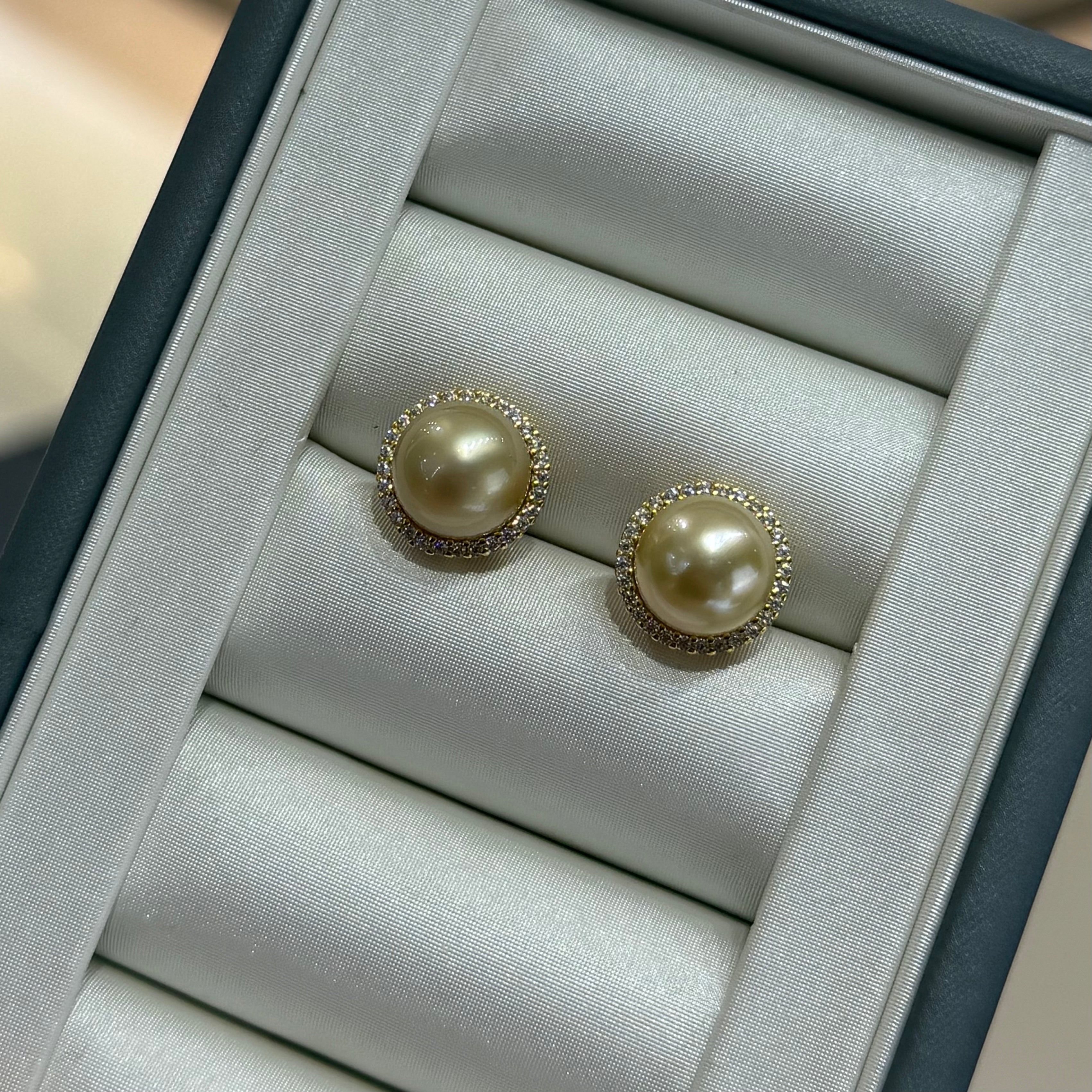 STARRY JEWELRY Sunrise Impressions: Sea Water Nanyang Golden Beads 12-13mm High Grade Pearl Earrings with Elegant Support