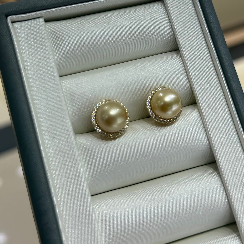 STARRY JEWELRY Sunrise Impressions: Sea Water Nanyang Golden Beads 12-13mm High Grade Pearl Earrings with Elegant Support