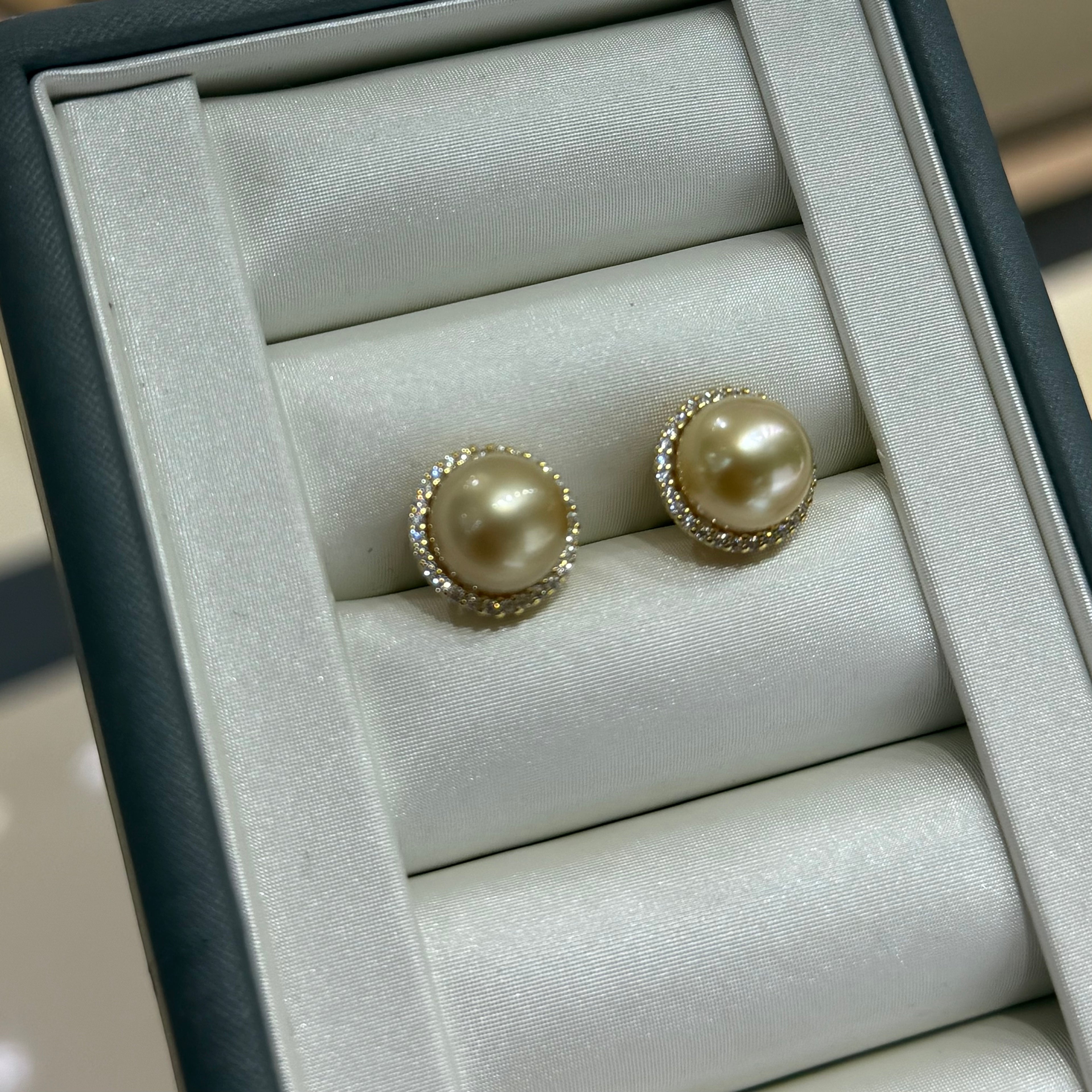 STARRY JEWELRY Sunrise Impressions: Sea Water Nanyang Golden Beads 12-13mm High Grade Pearl Earrings with Elegant Support