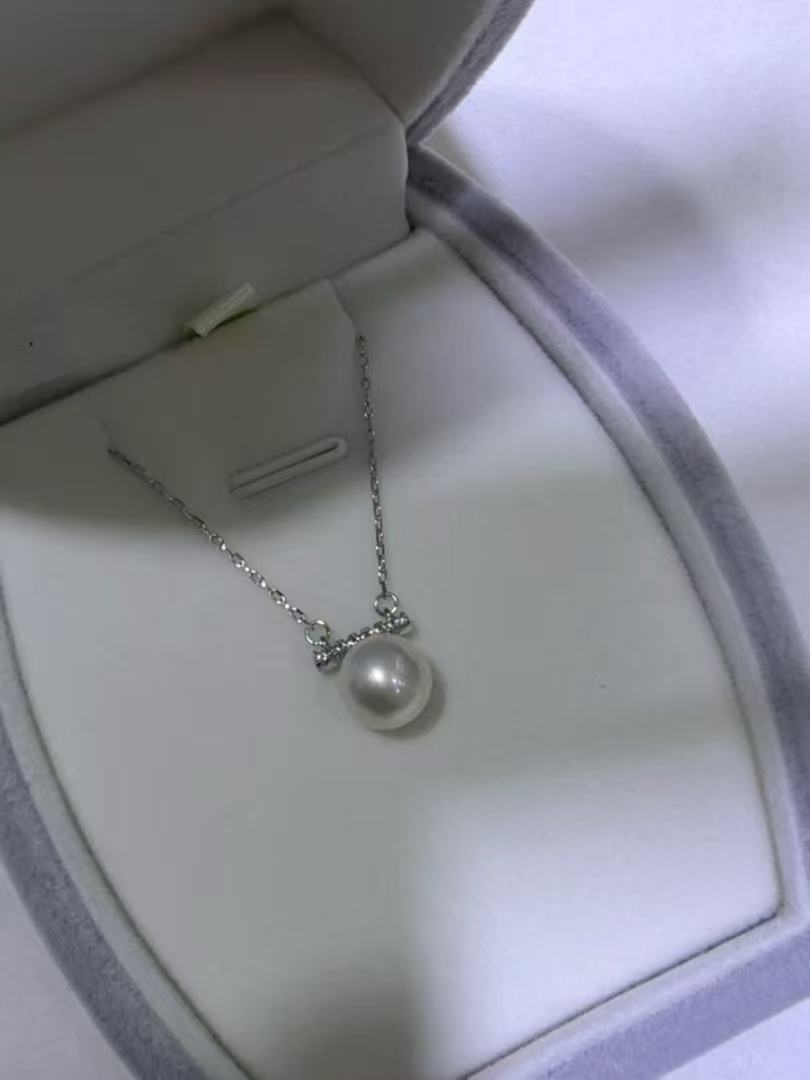 STARRY JEWELRY Single Balance Beam Diamond Necklace with Extra Bright Freshwater Pearl Pendant 8.5mm Pure Silver S925