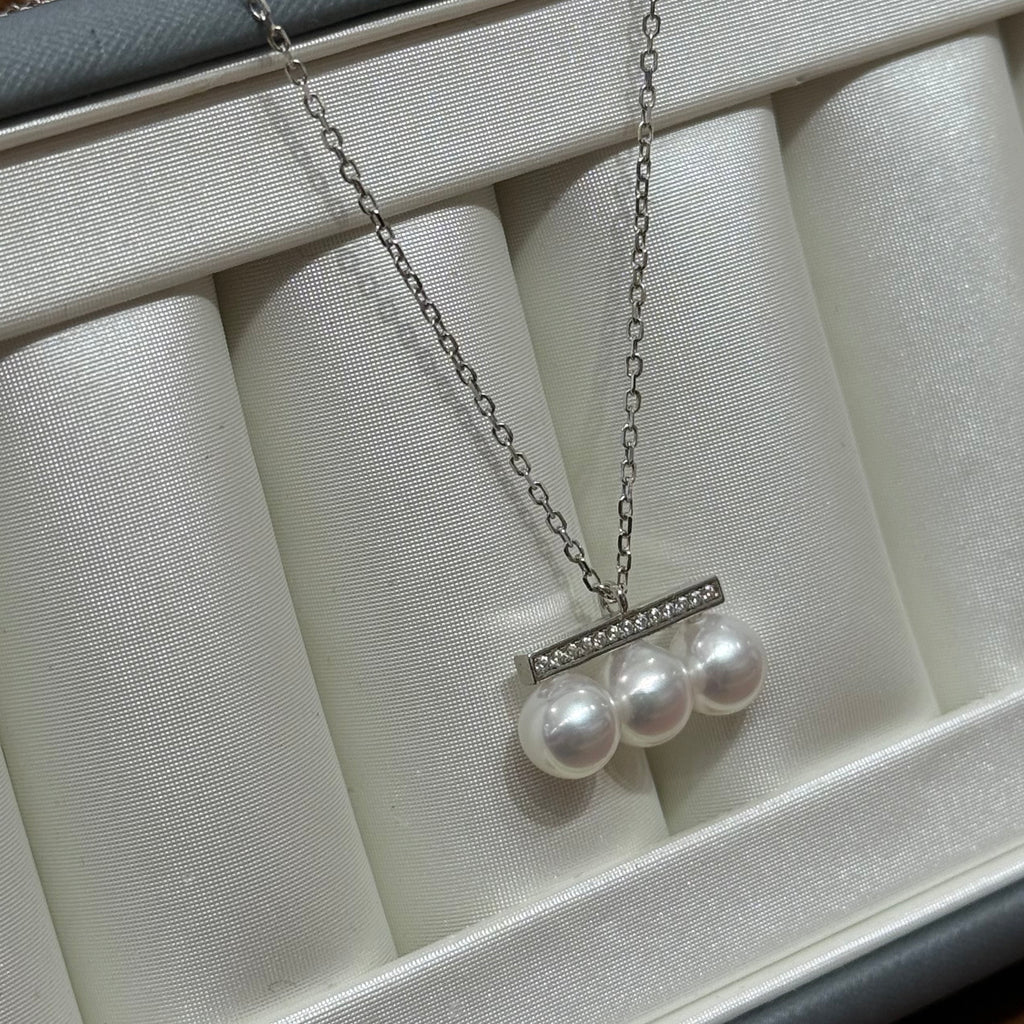 STARRY JEWELRY [Balance Beam] Natural Sea Water Pearl Necklace, Three Pearls, S925, Very Strong Luster, Very Minor Flaws, 6.5-7mm