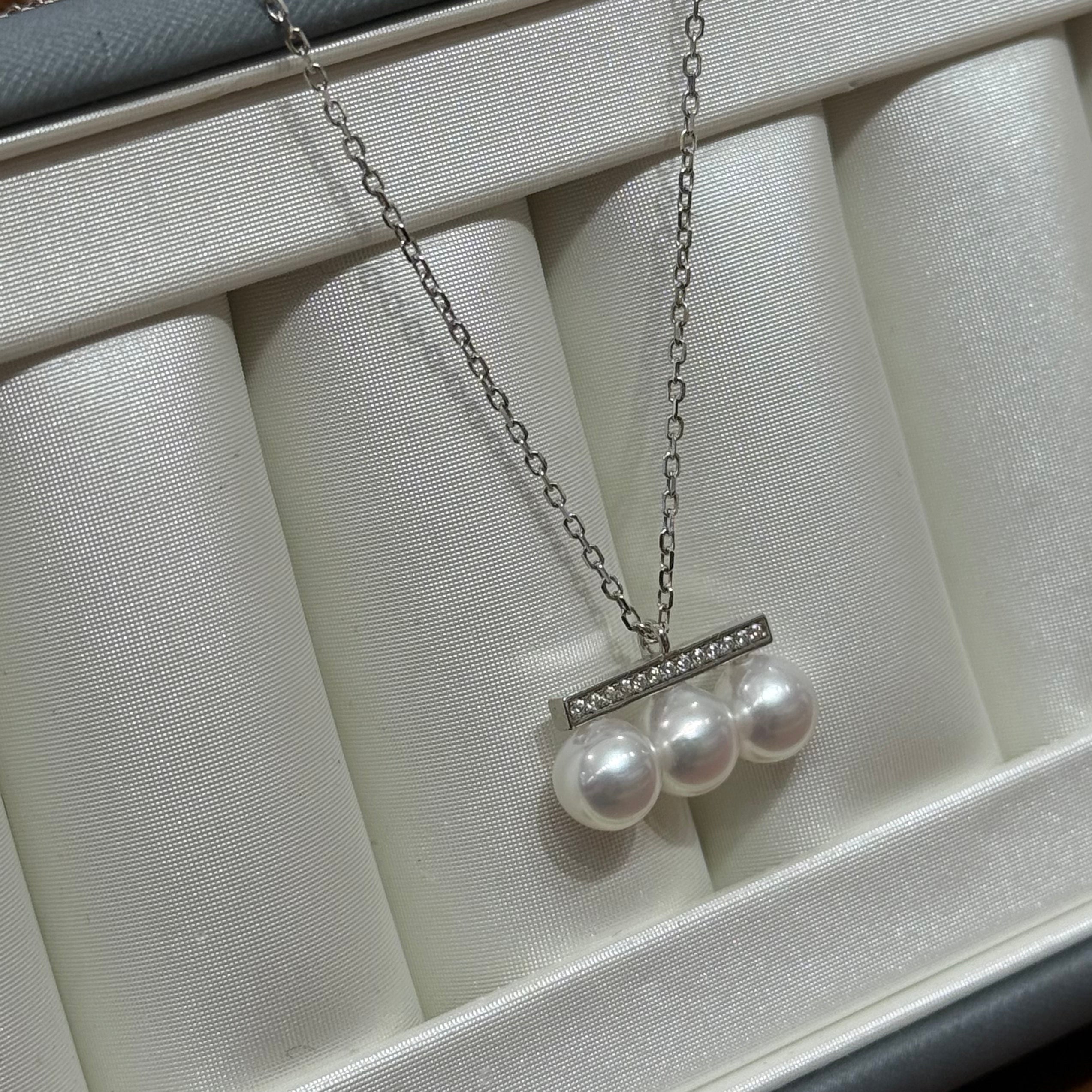 STARRY JEWELRY [Balance Beam] Natural Sea Water Pearl Necklace, Three Pearls, S925, Very Strong Luster, Very Minor Flaws, 6.5-7mm