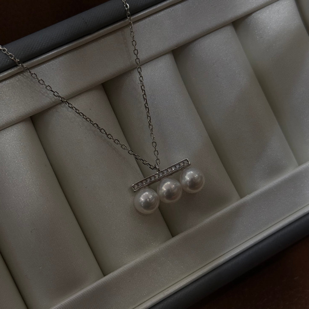 STARRY JEWELRY [Balance Beam] Natural Sea Water Pearl Necklace, Three Pearls, S925, Very Strong Luster, Very Minor Flaws, 6.5-7mm