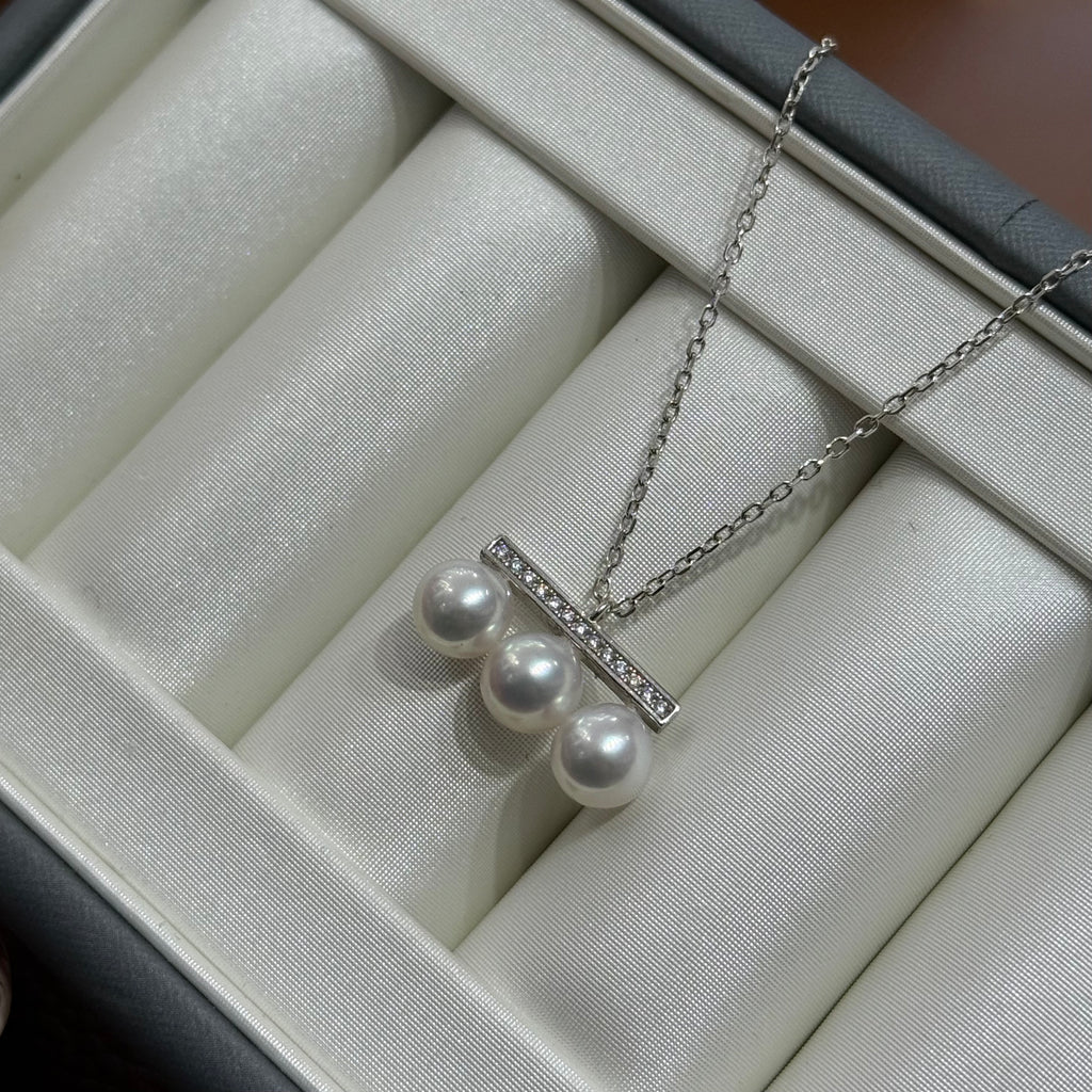 STARRY JEWELRY [Balance Beam] Natural Sea Water Pearl Necklace, Three Pearls, S925, Very Strong Luster, Very Minor Flaws, 6.5-7mm
