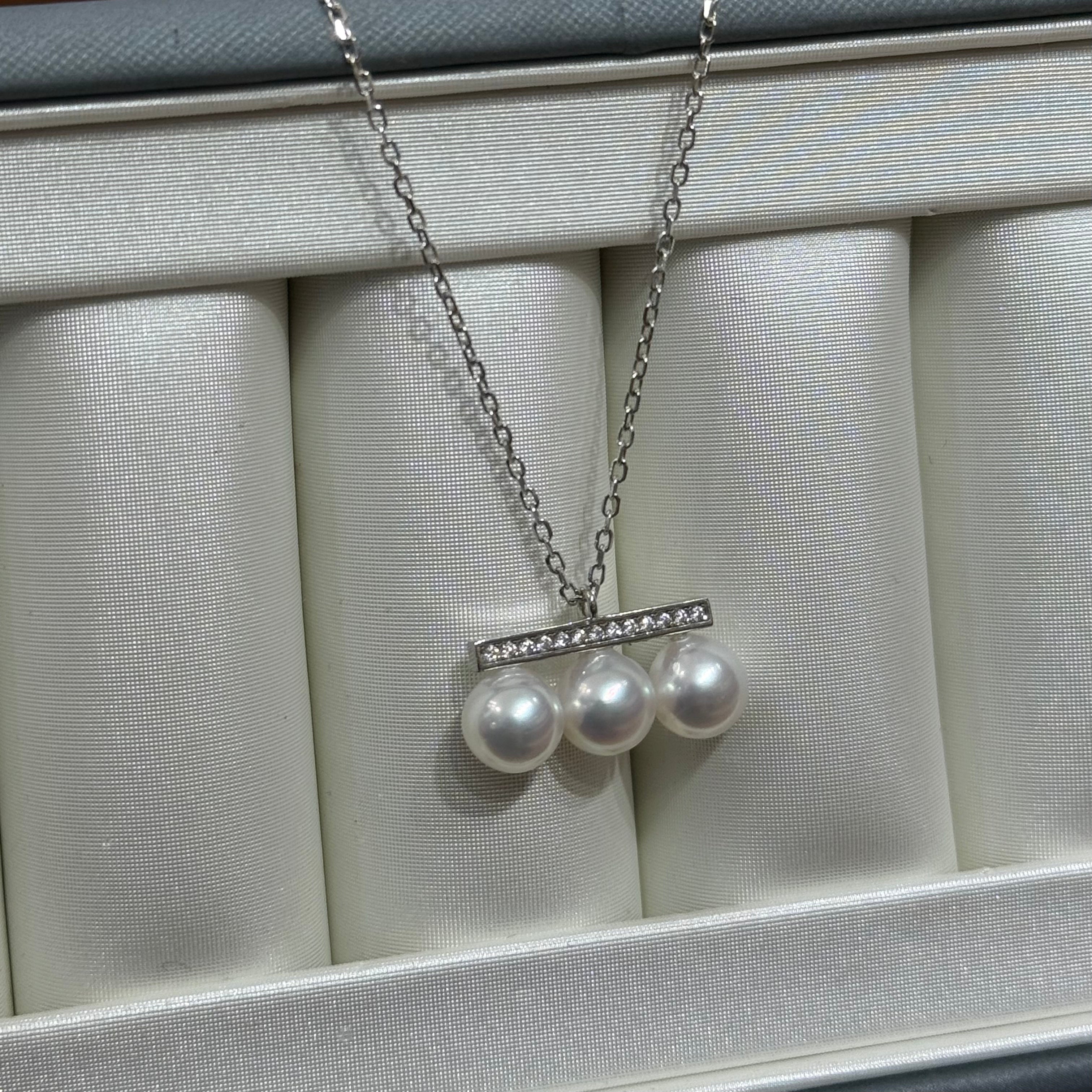STARRY JEWELRY [Balance Beam] Natural Sea Water Pearl Necklace, Three Pearls, S925, Very Strong Luster, Very Minor Flaws, 6.5-7mm