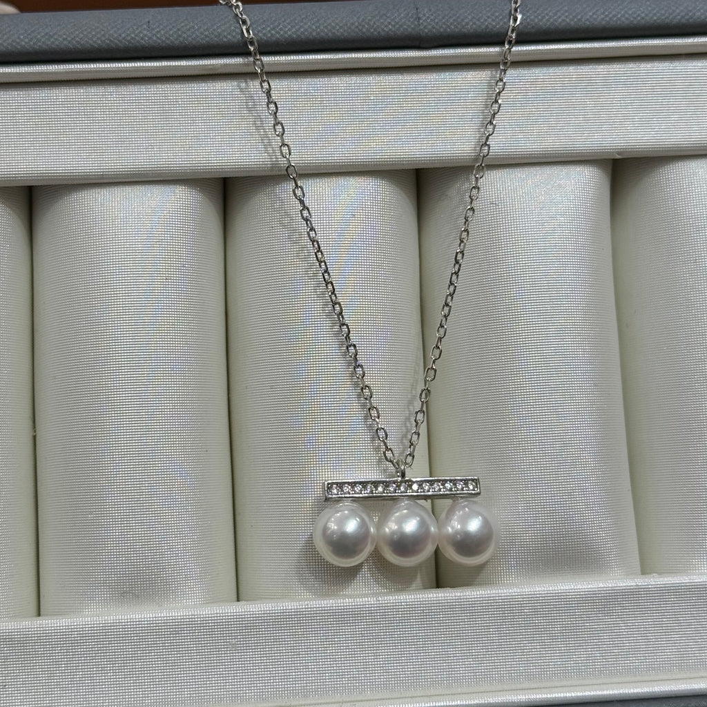 STARRY JEWELRY [Balance Beam] Natural Sea Water Pearl Necklace, Three Pearls, S925, Very Strong Luster, Very Minor Flaws, 6.5-7mm