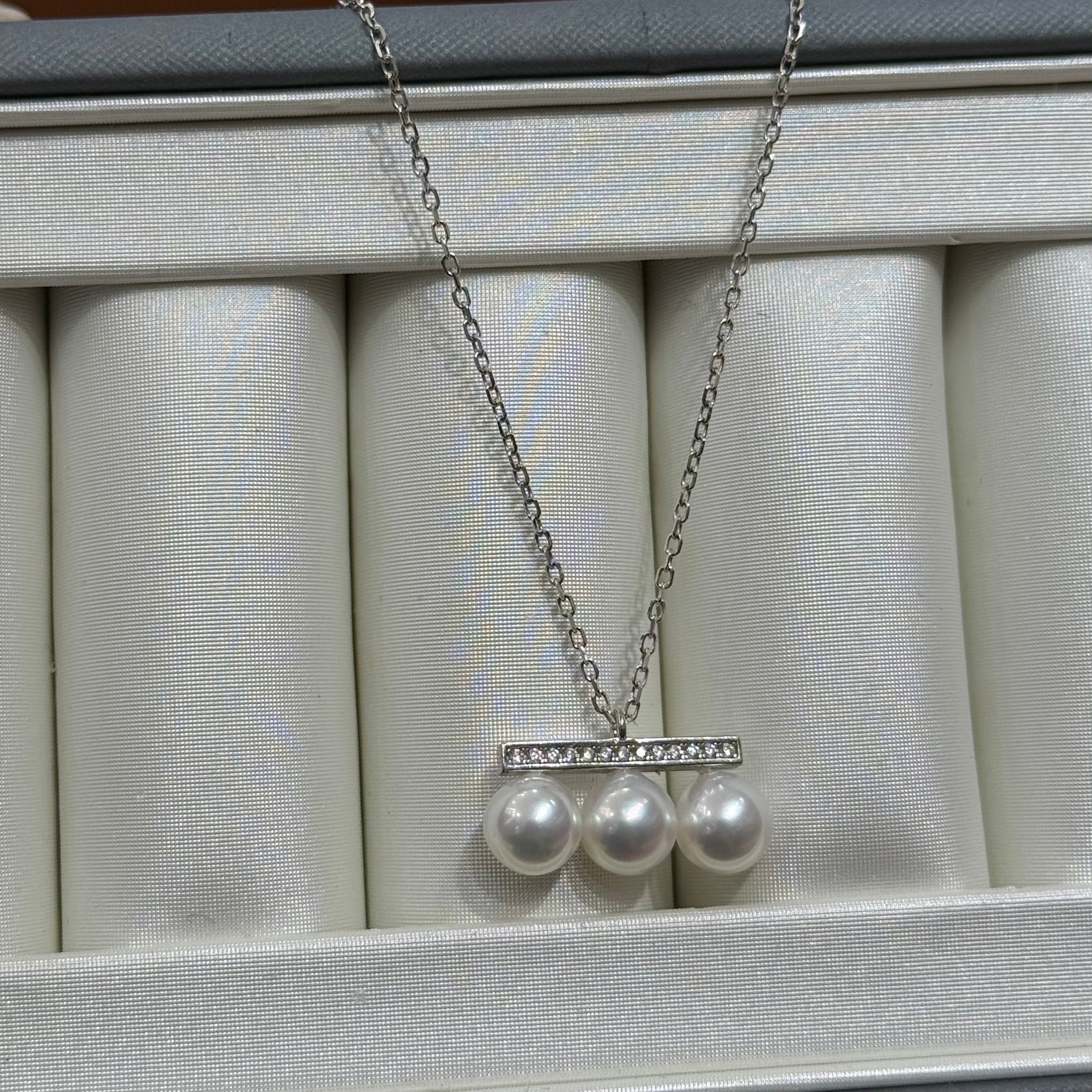 STARRY JEWELRY [Balance Beam] Natural Sea Water Pearl Necklace, Three Pearls, S925, Very Strong Luster, Very Minor Flaws, 6.5-7mm