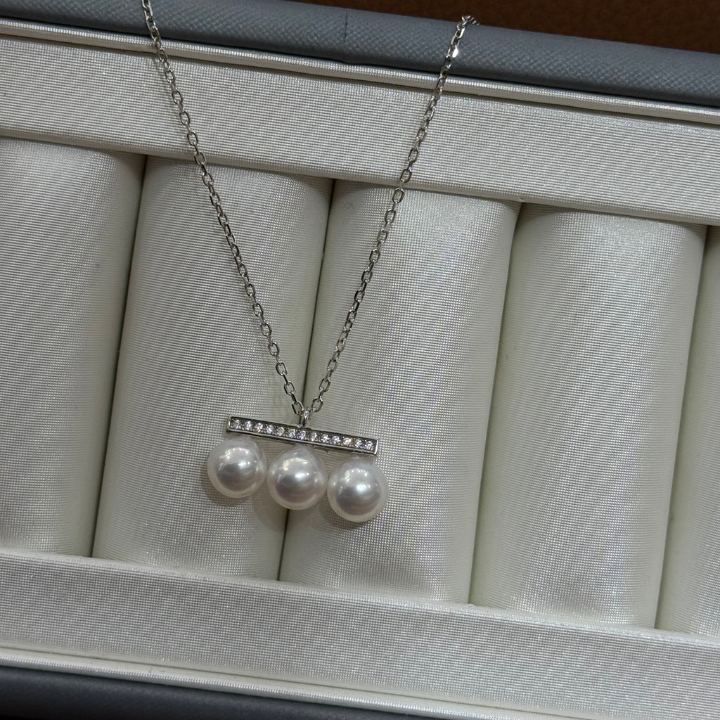 STARRY JEWELRY [Balance Beam] Natural Sea Water Pearl Necklace, Three Pearls, S925, Very Strong Luster, Very Minor Flaws, 6.5-7mm