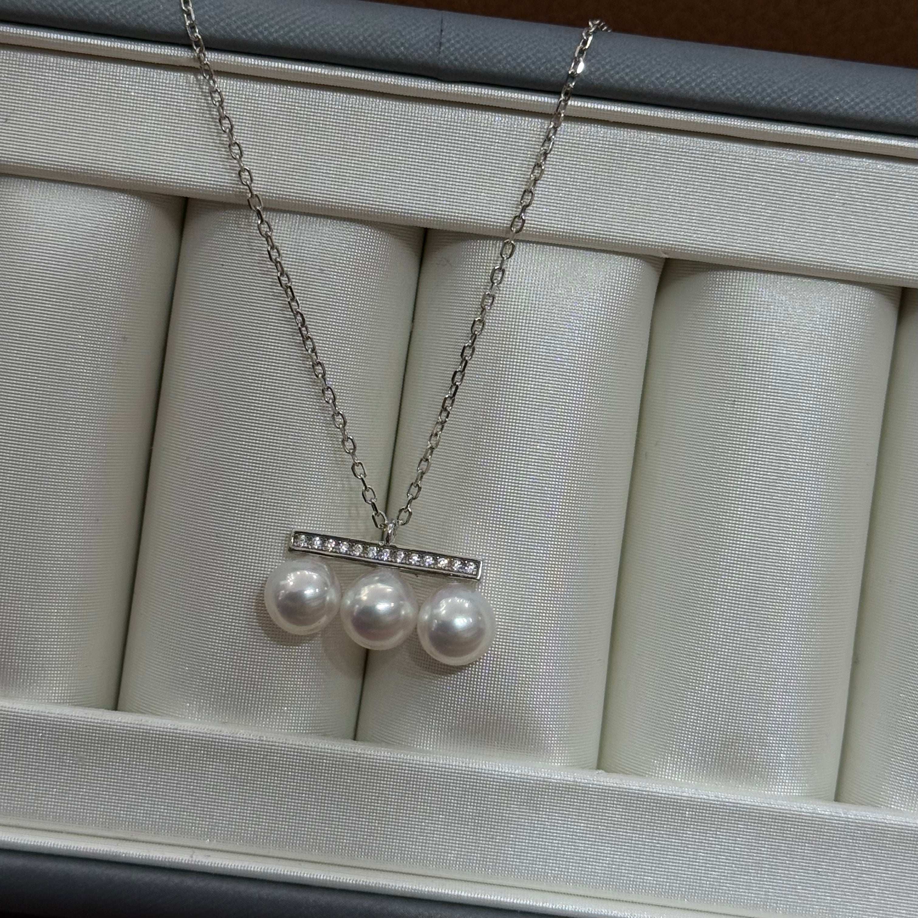 STARRY JEWELRY [Balance Beam] Natural Sea Water Pearl Necklace, Three Pearls, S925, Very Strong Luster, Very Minor Flaws, 6.5-7mm