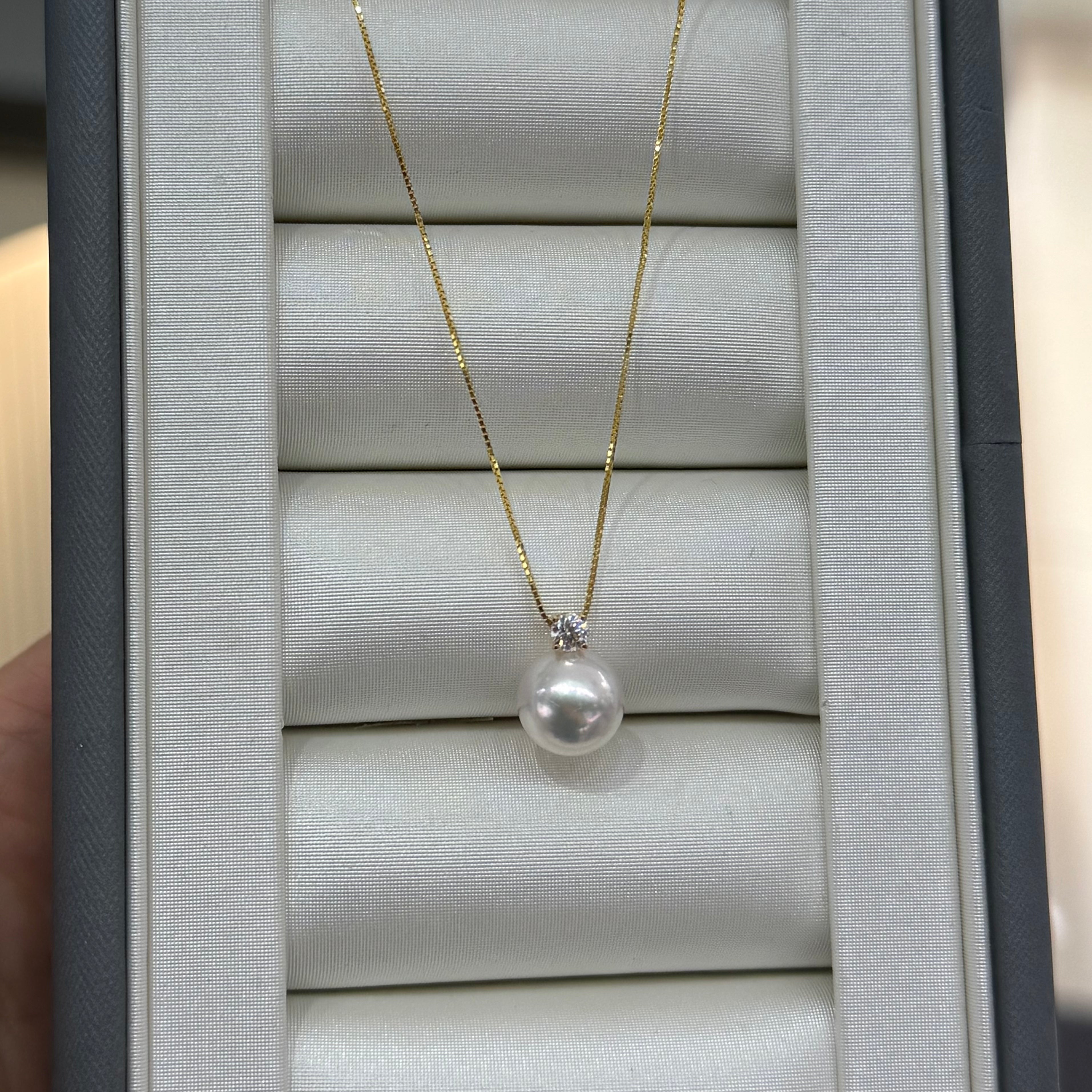 STARRY JEWELRY Lost: Akoya Classic Princess Cut 18K Yellow Gold Natural Seawater Pearl Necklace 8.5-9mm