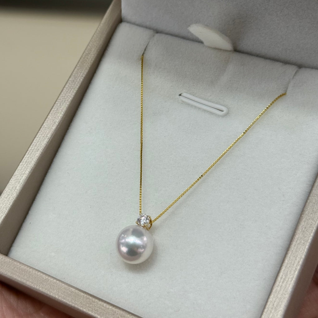 STARRY JEWELRY Lost: Akoya Classic Princess Cut 18K Yellow Gold Natural Seawater Pearl Necklace 8.5-9mm