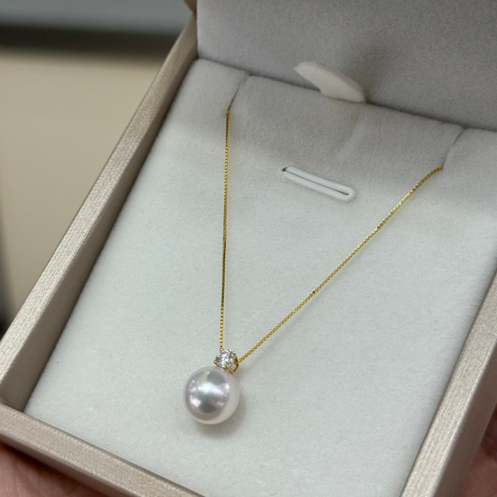 STARRY JEWELRY Lost: Akoya Classic Princess Cut 18K Yellow Gold Natural Seawater Pearl Necklace 8.5-9mm