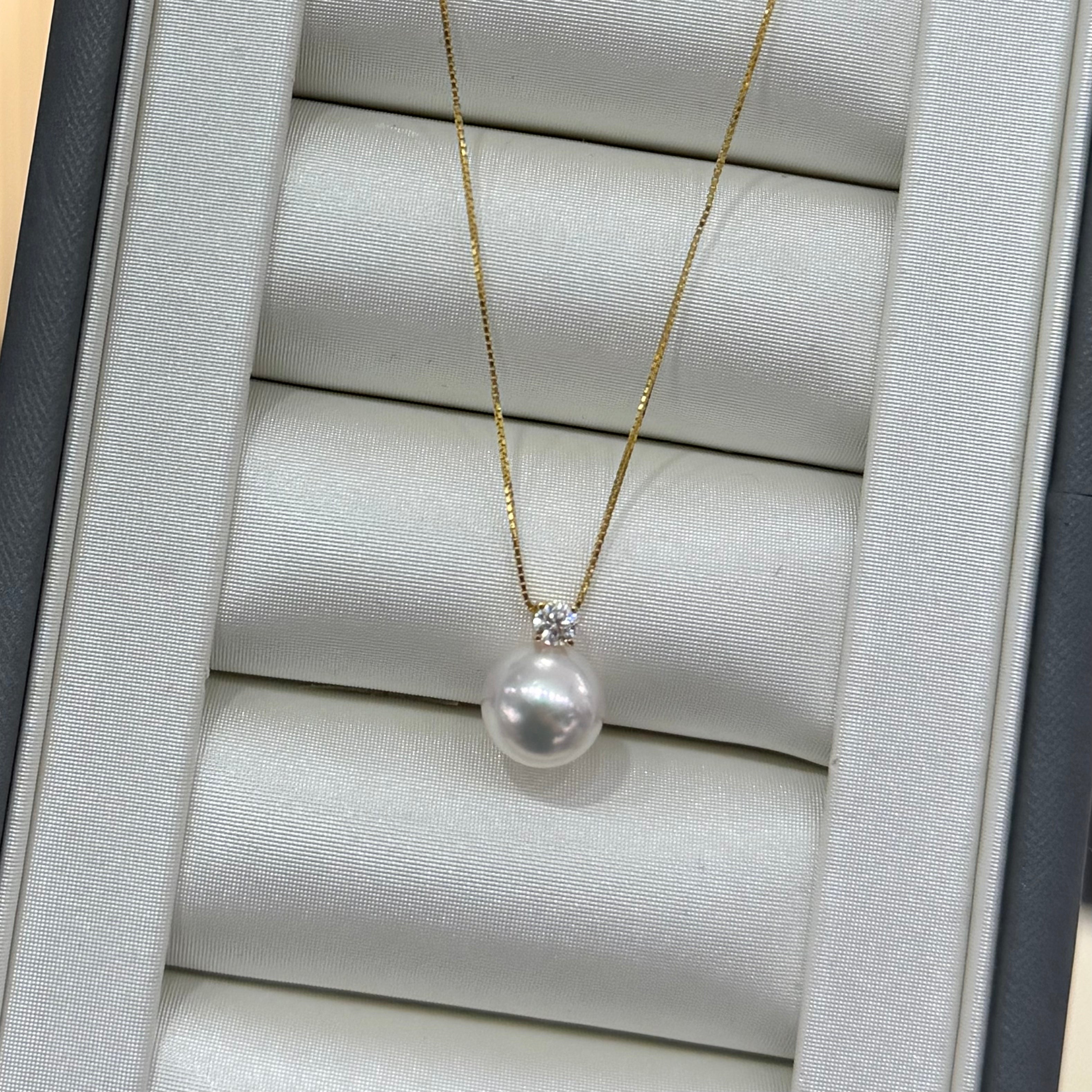 STARRY JEWELRY Lost: Akoya Classic Princess Cut 18K Yellow Gold Natural Seawater Pearl Necklace 8.5-9mm