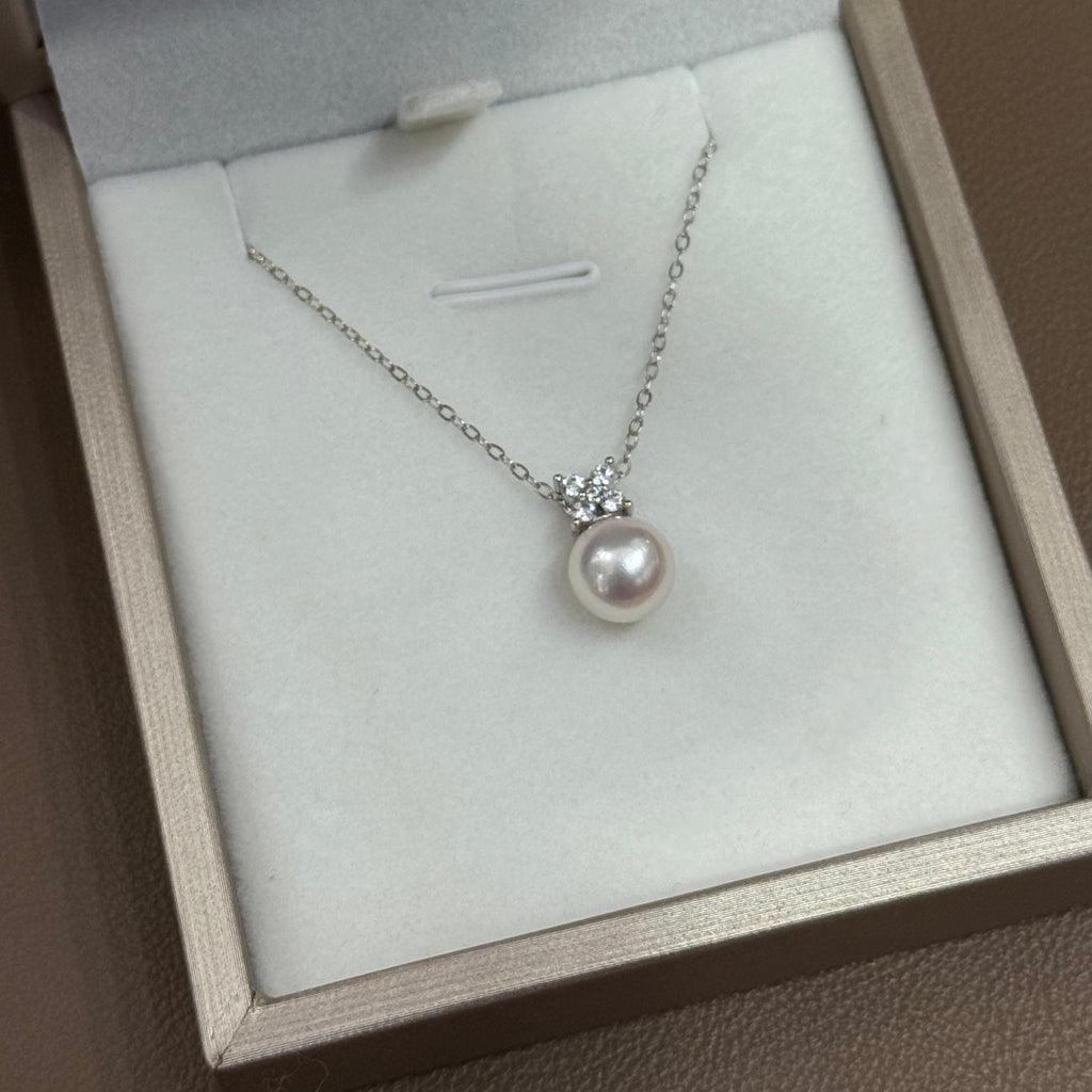 STARRY JEWELRY Four Diamond Akoya Sea Pearl Pendant Necklace, Simple and High End, Daily Commuting Style