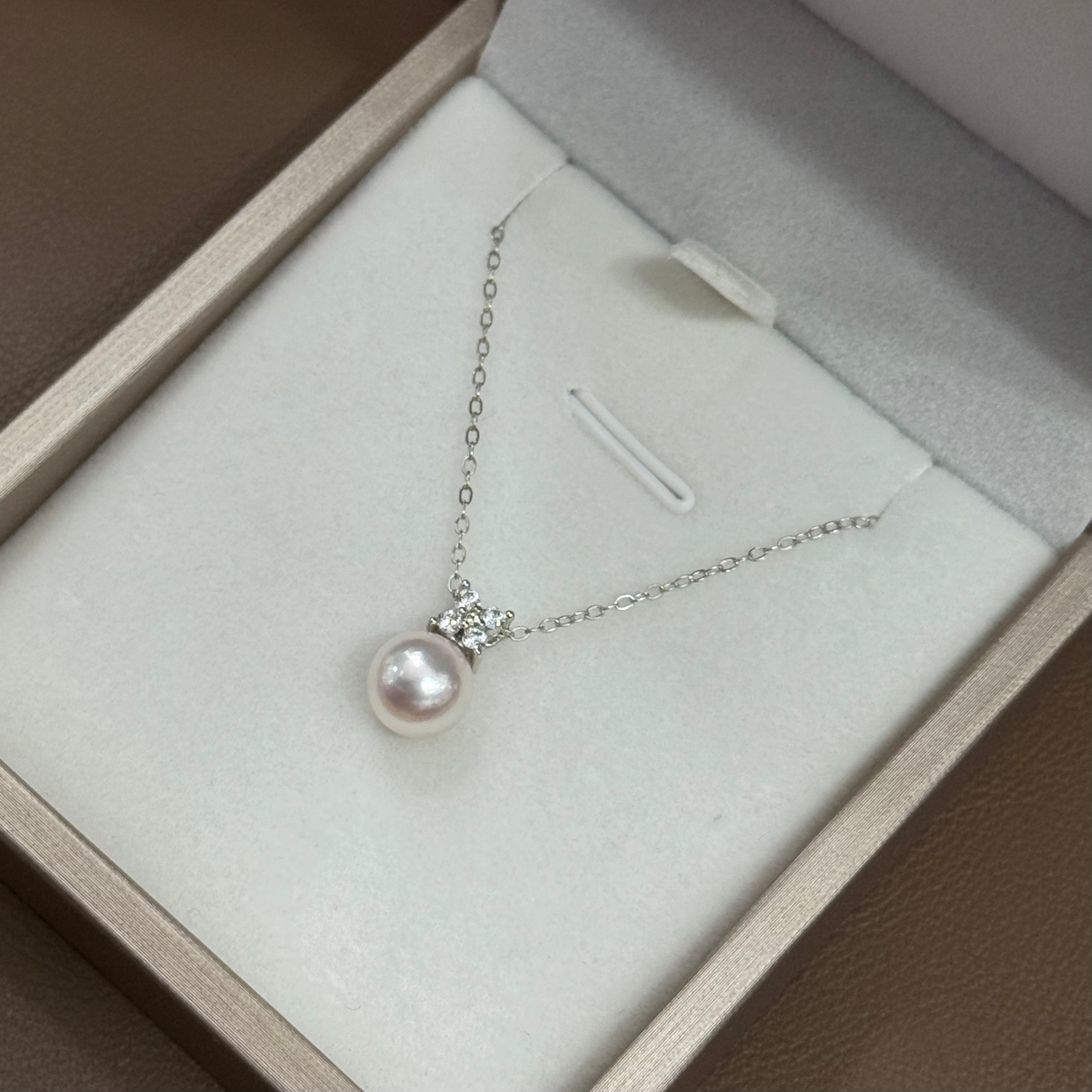STARRY JEWELRY Four Diamond Akoya Sea Pearl Pendant Necklace, Simple and High End, Daily Commuting Style