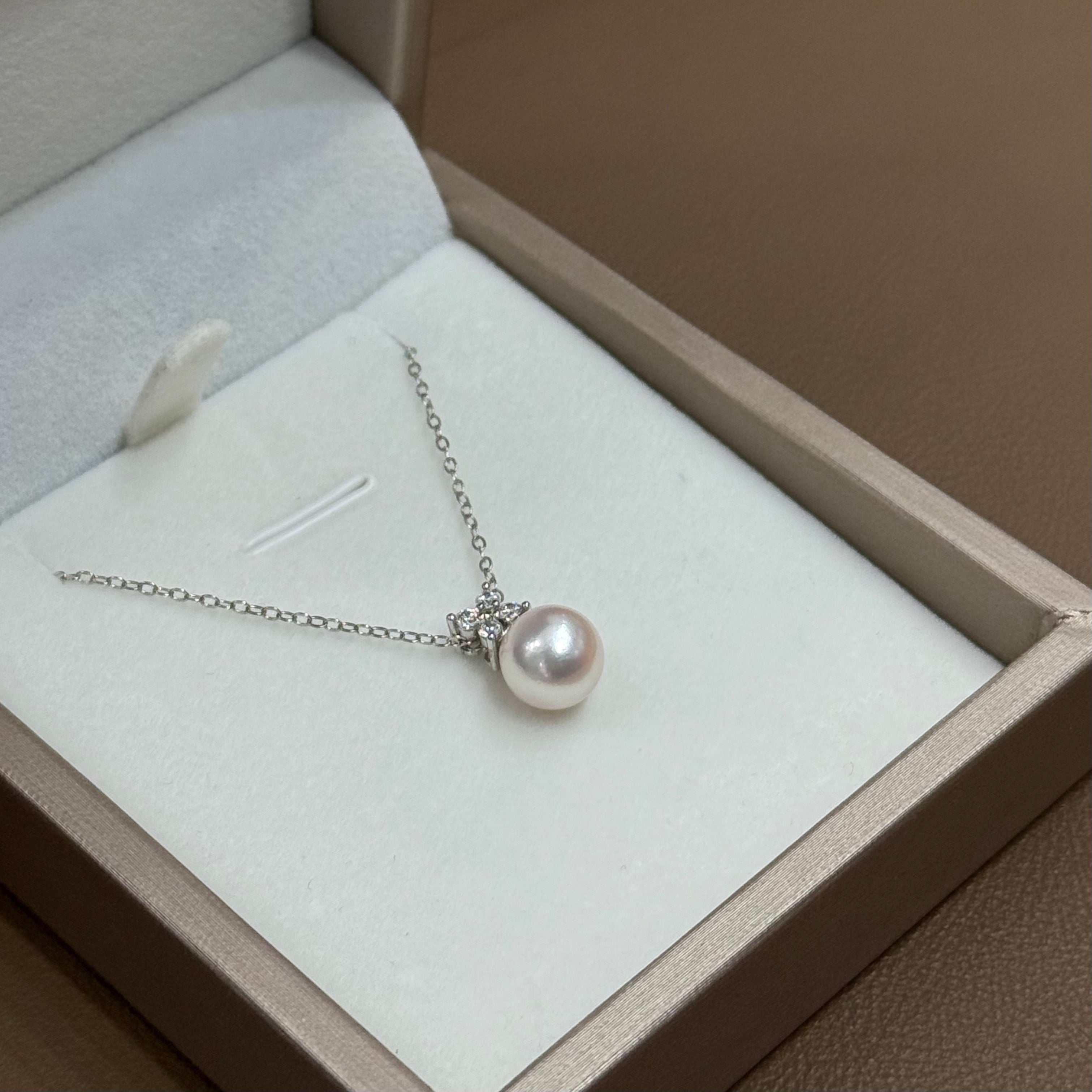 STARRY JEWELRY Four Diamond Akoya Sea Pearl Pendant Necklace, Simple and High End, Daily Commuting Style