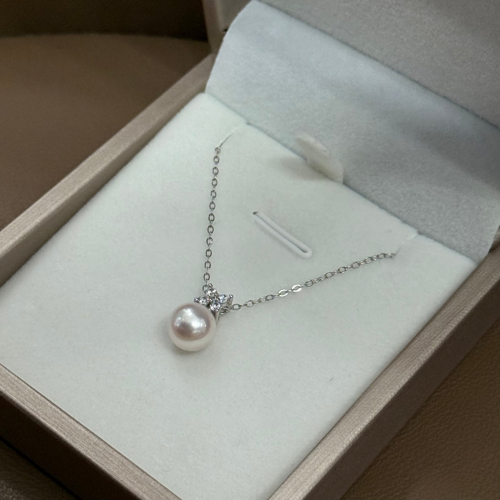 STARRY JEWELRY Four Diamond Akoya Sea Pearl Pendant Necklace, Simple and High End, Daily Commuting Style
