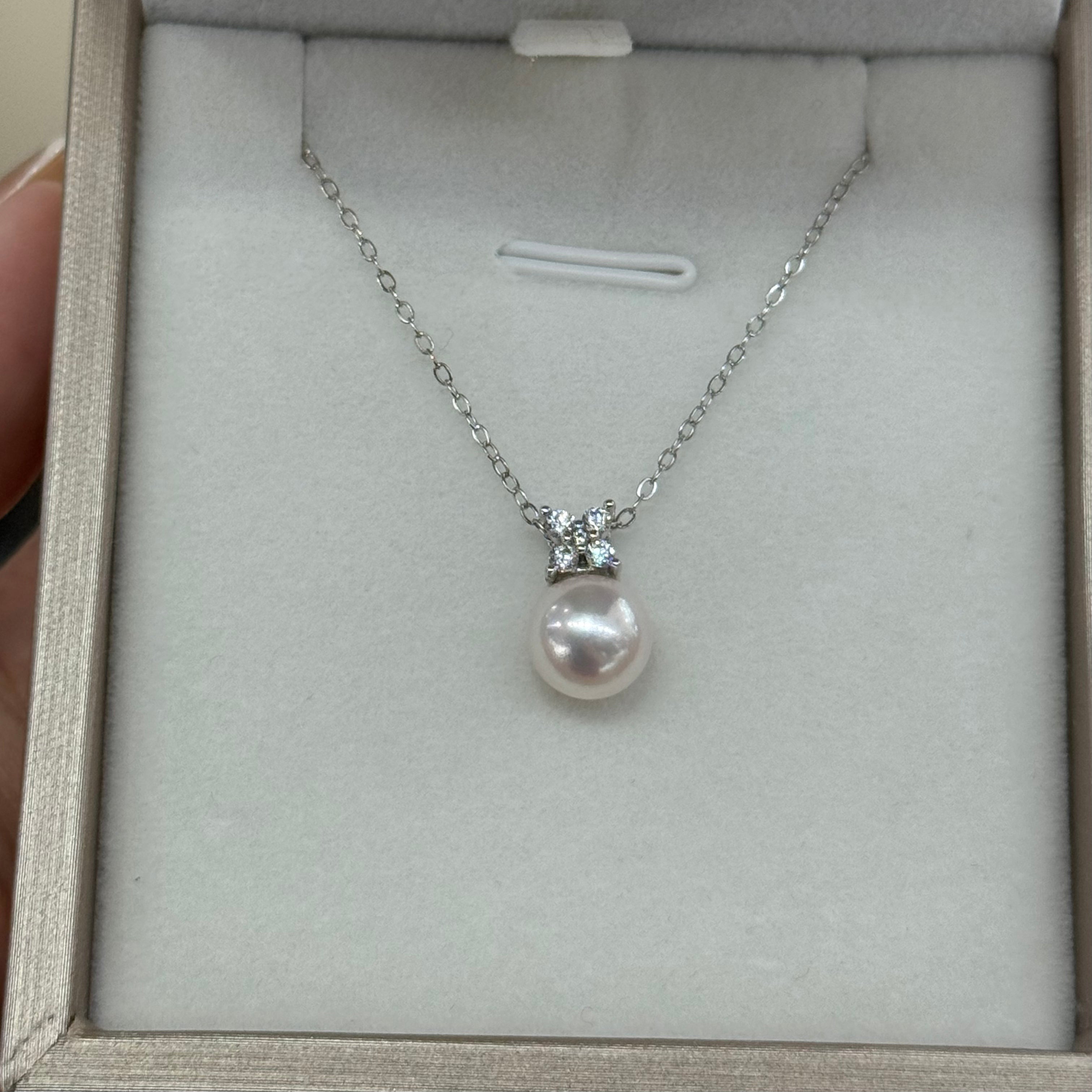 STARRY JEWELRY Four Diamond Akoya Sea Pearl Pendant Necklace, Simple and High End, Daily Commuting Style